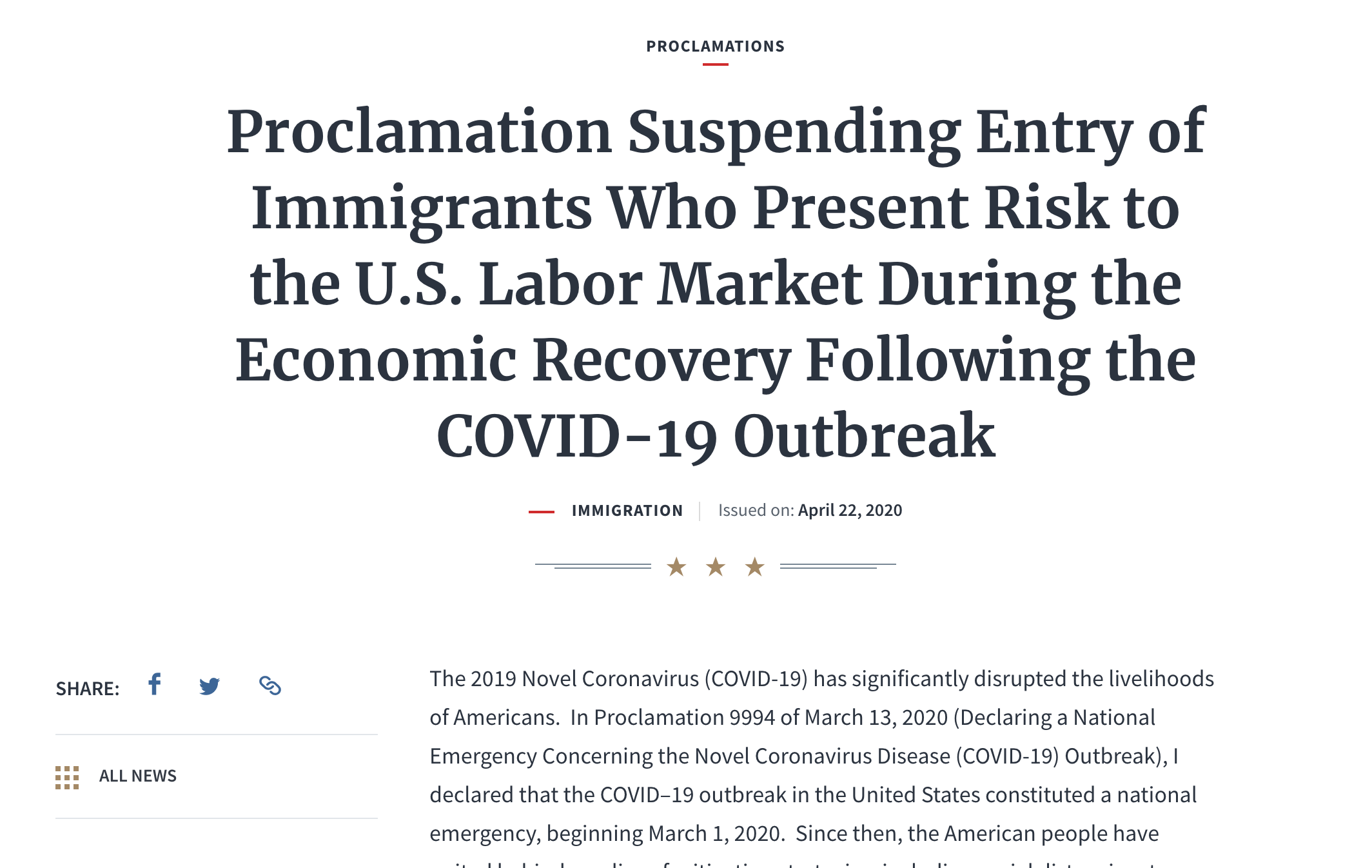 Breaking: President bans work visas for 60 days in light of COVID-19.