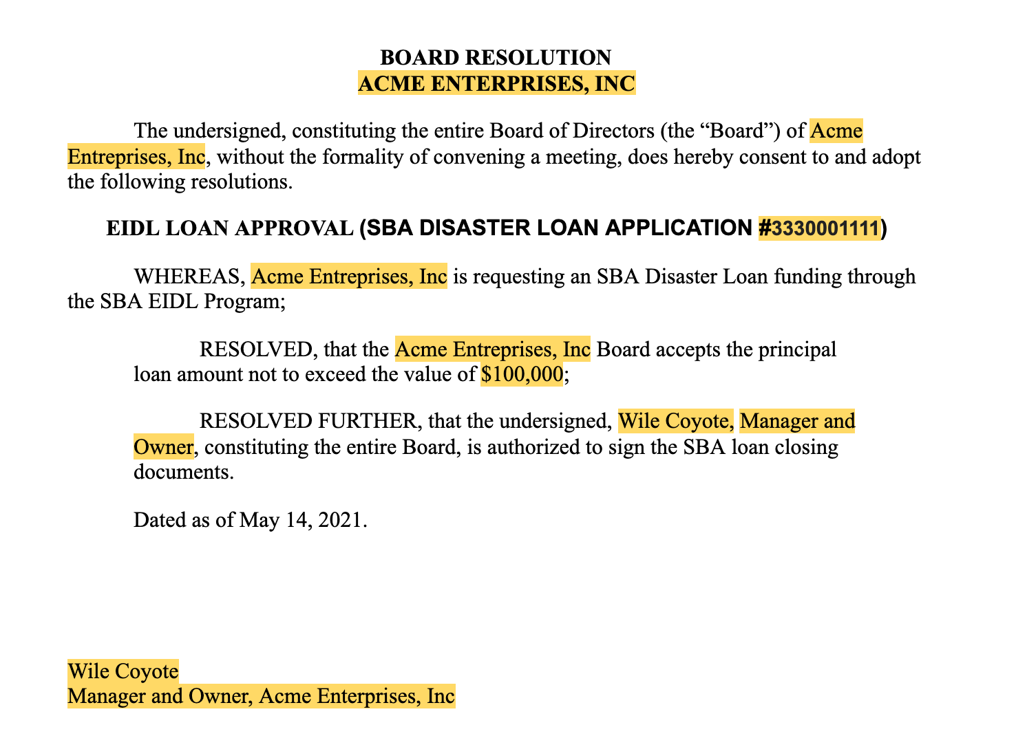board resolution for assignment of loan