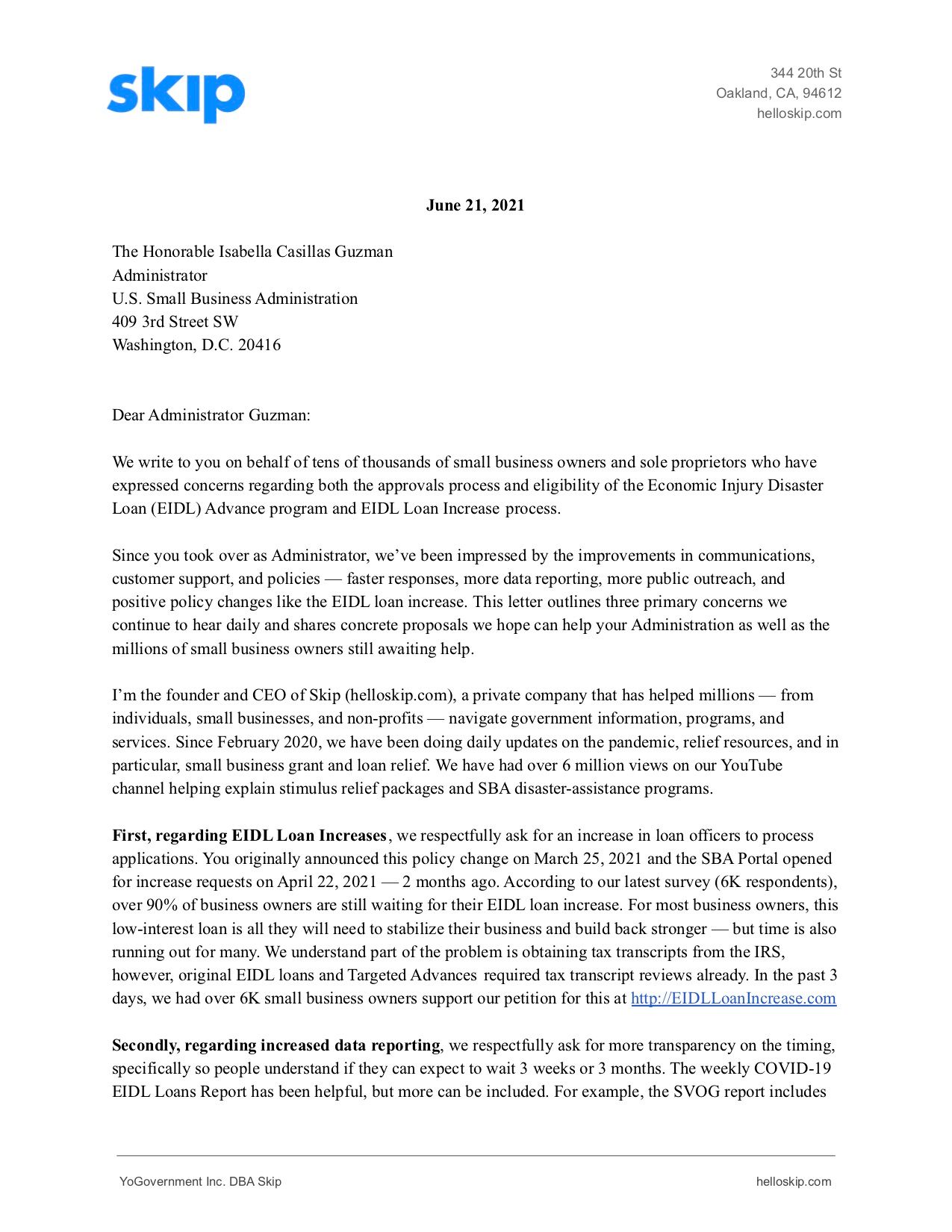 New EIDL Loan Increase *Proposal*